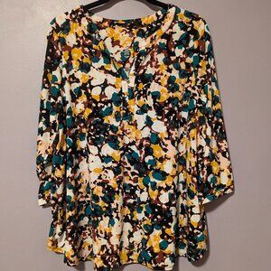 Craft & Barrow 3/4 sleeved abstract floral blouse - green/yellow, 1X